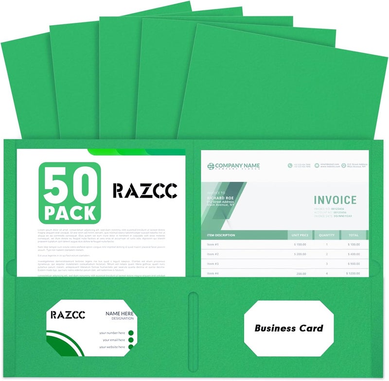 RAZCC Two Pocket Folders, 50 Pack 2 Pocket Folders Fit Letter Size Paper, Paper Folders with Pockets for School Office Business Home (Green) - Image 1